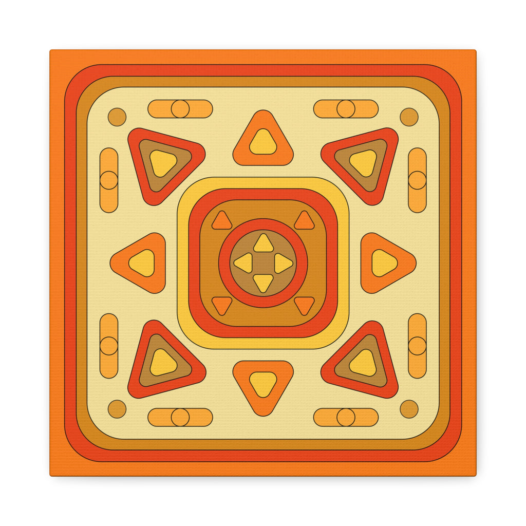 A square graphic design with a retro geometric pattern in orange, red, yellow, and beige, featuring concentric squares, triangles, and oval shapes.
