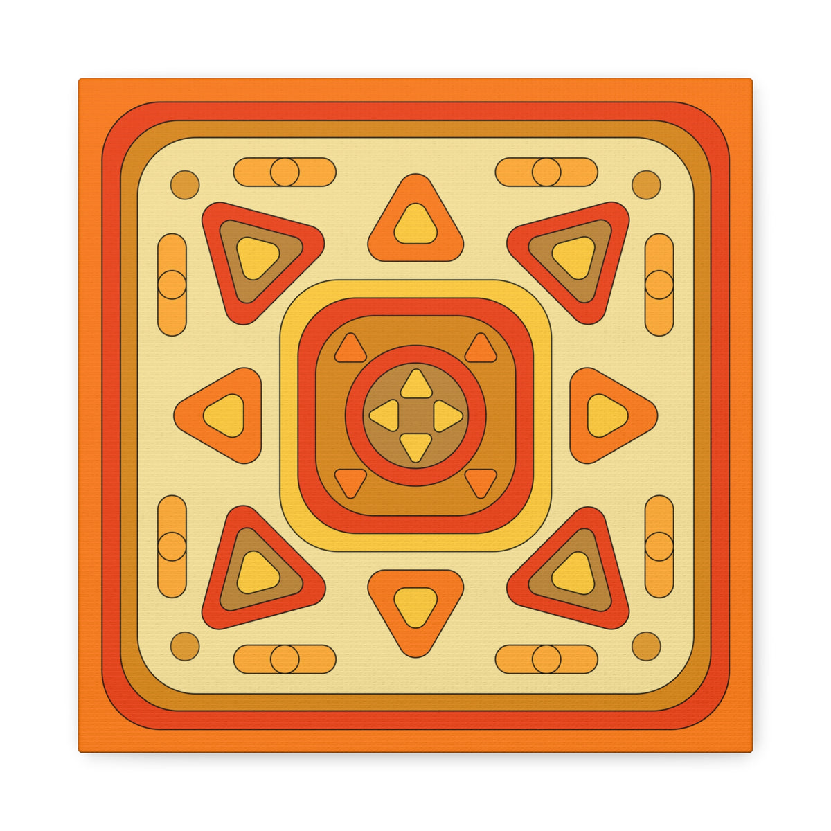 A square graphic design with a retro geometric pattern in orange, red, yellow, and beige, featuring concentric squares, triangles, and oval shapes.