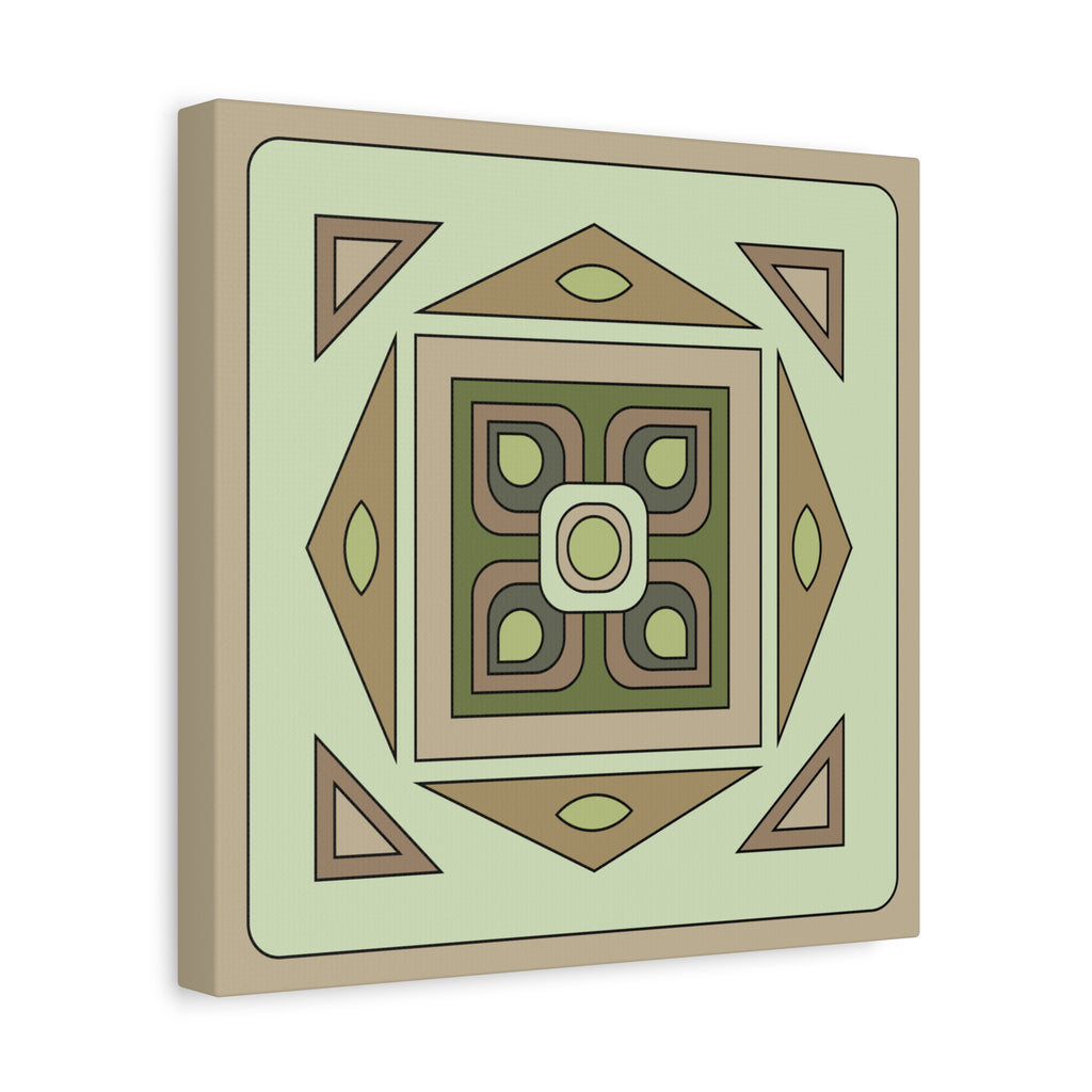 A square canvas wall art print featuring a retro geometric pattern in muted shades of sage green, tan, brown, and olive, shown at a three-quarter angle against a plain white background.