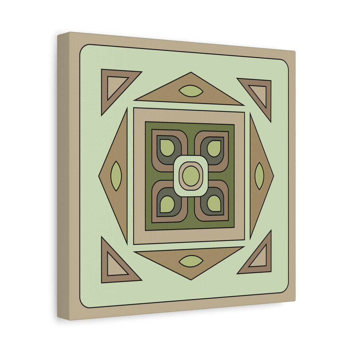 A square canvas wall art print featuring a retro geometric pattern in muted shades of sage green, tan, brown, and olive, shown at a three-quarter angle against a plain white background.