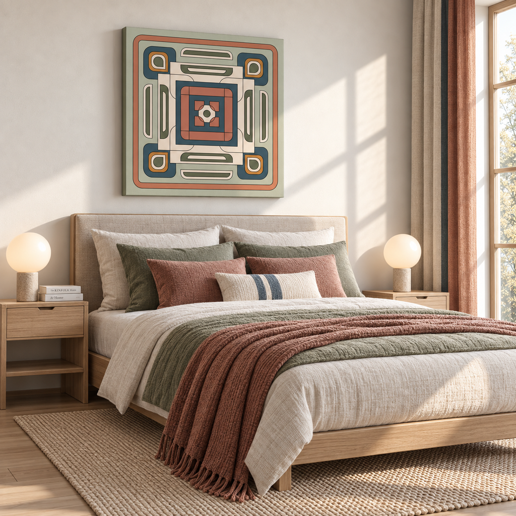 A styled bedroom scene with a bed dressed in neutral linens and a rust throw blanket, flanked by matching bedside tables and lamps. Above the bed hangs a square abstract wall art piece with geometric shapes in muted blue, rust, cream, and olive tones.