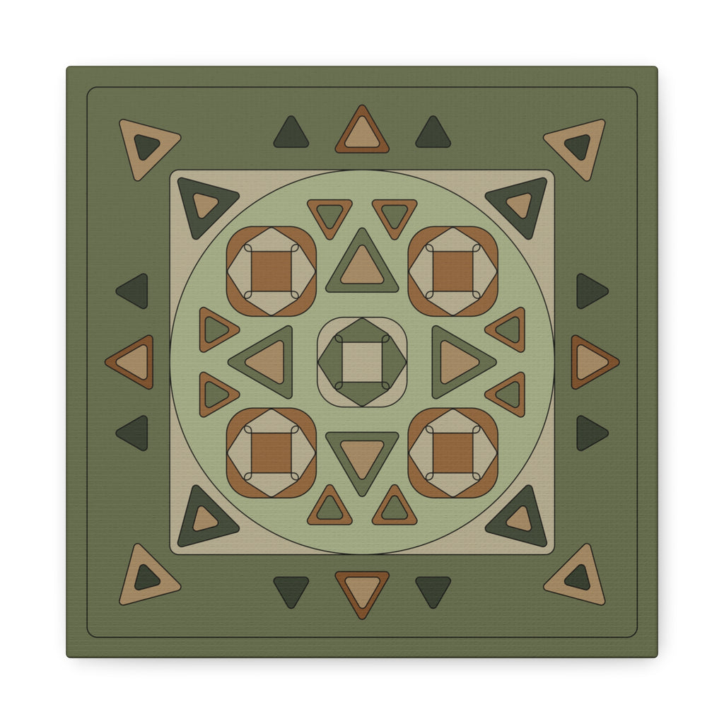 A square decorative mat or rug with a geometric tribal pattern in shades of olive green, tan, brown, and dark gray, shown flat against a white background.
