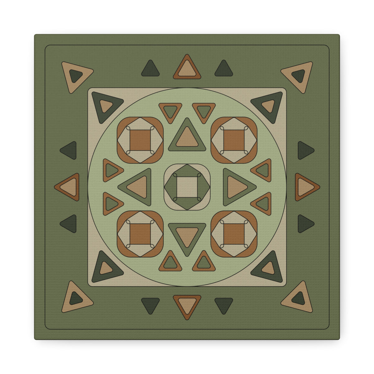 A square decorative mat or rug with a geometric tribal pattern in shades of olive green, tan, brown, and dark gray, shown flat against a white background.