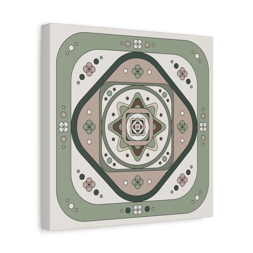 A square canvas wall art print featuring a retro geometric mandala design in muted sage green, beige, brown, and cream tones, shown from a slight angle against a white background.