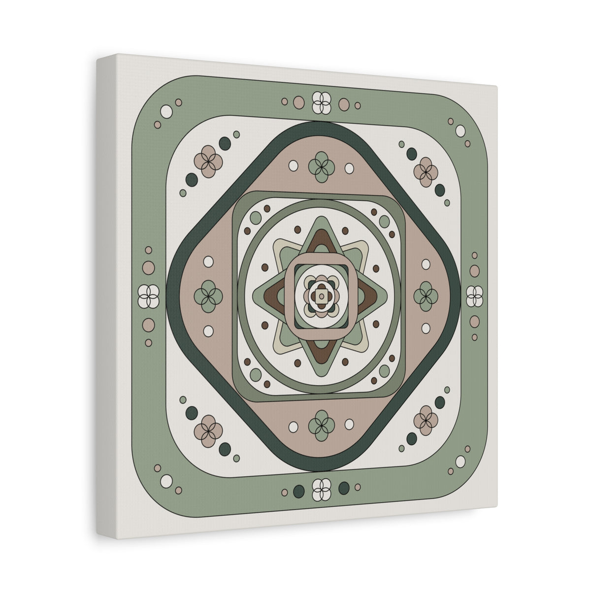 A square canvas wall art print featuring a retro geometric mandala design in muted sage green, beige, brown, and cream tones, shown from a slight angle against a white background.