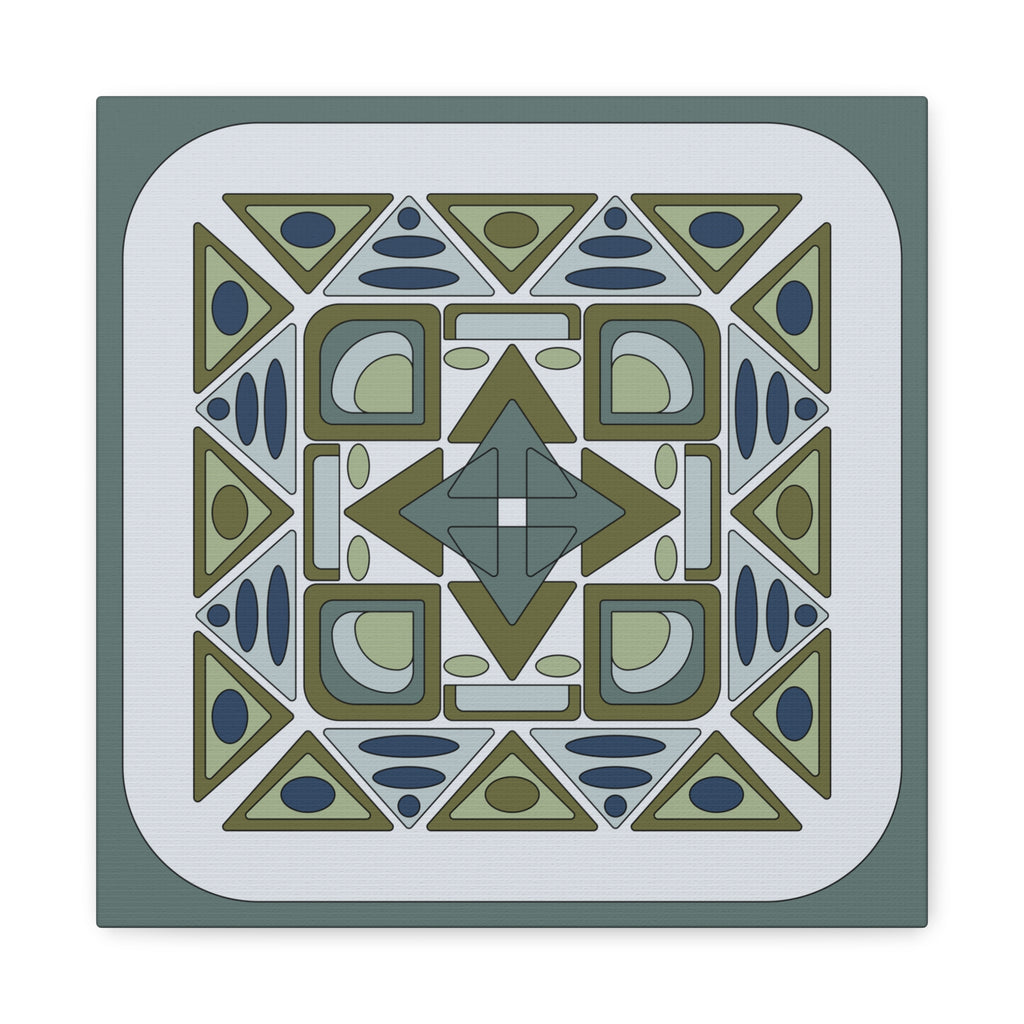 Geometric patterned tile with green, blue, and beige colors on a white background