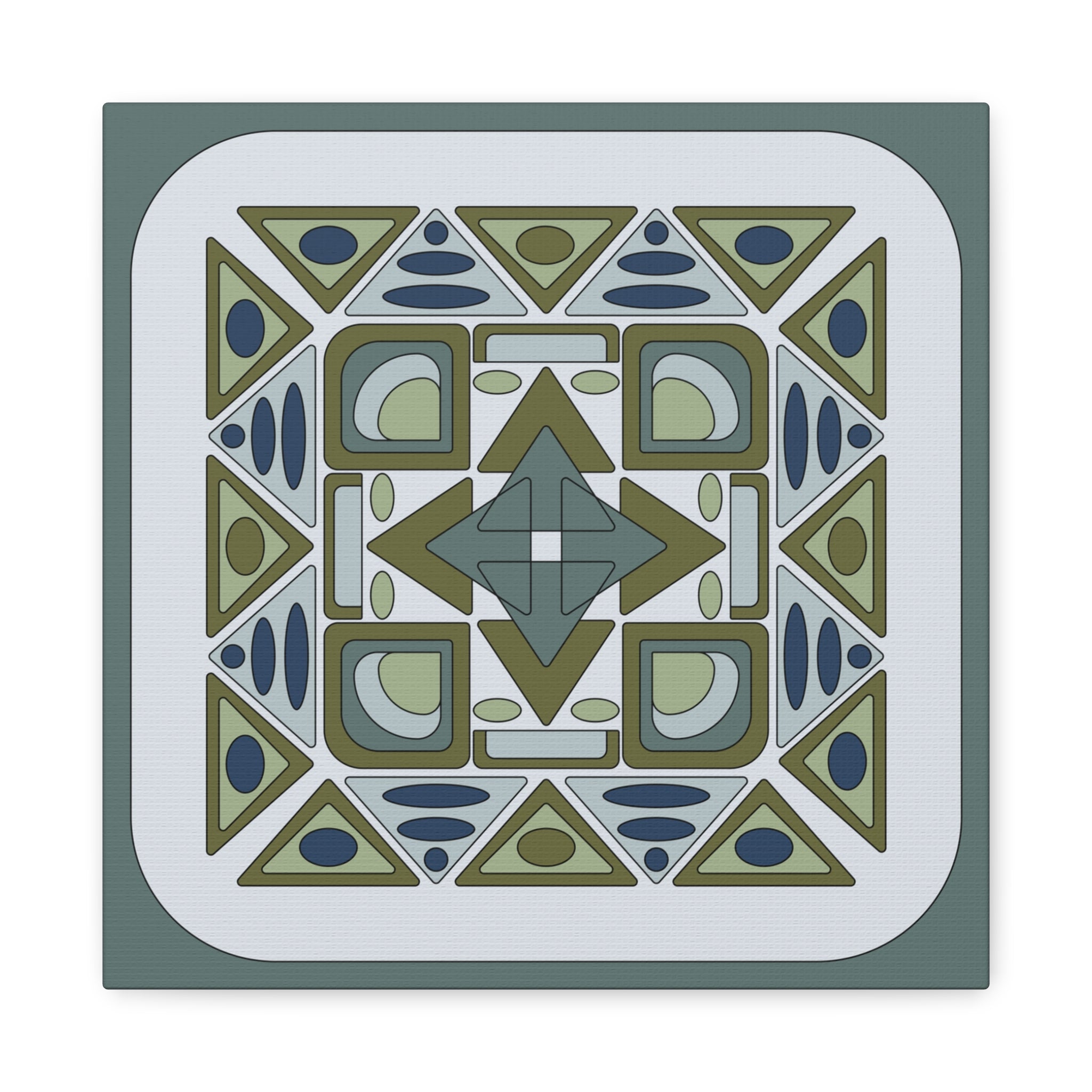 Geometric patterned tile with green, blue, and beige colors on a white background