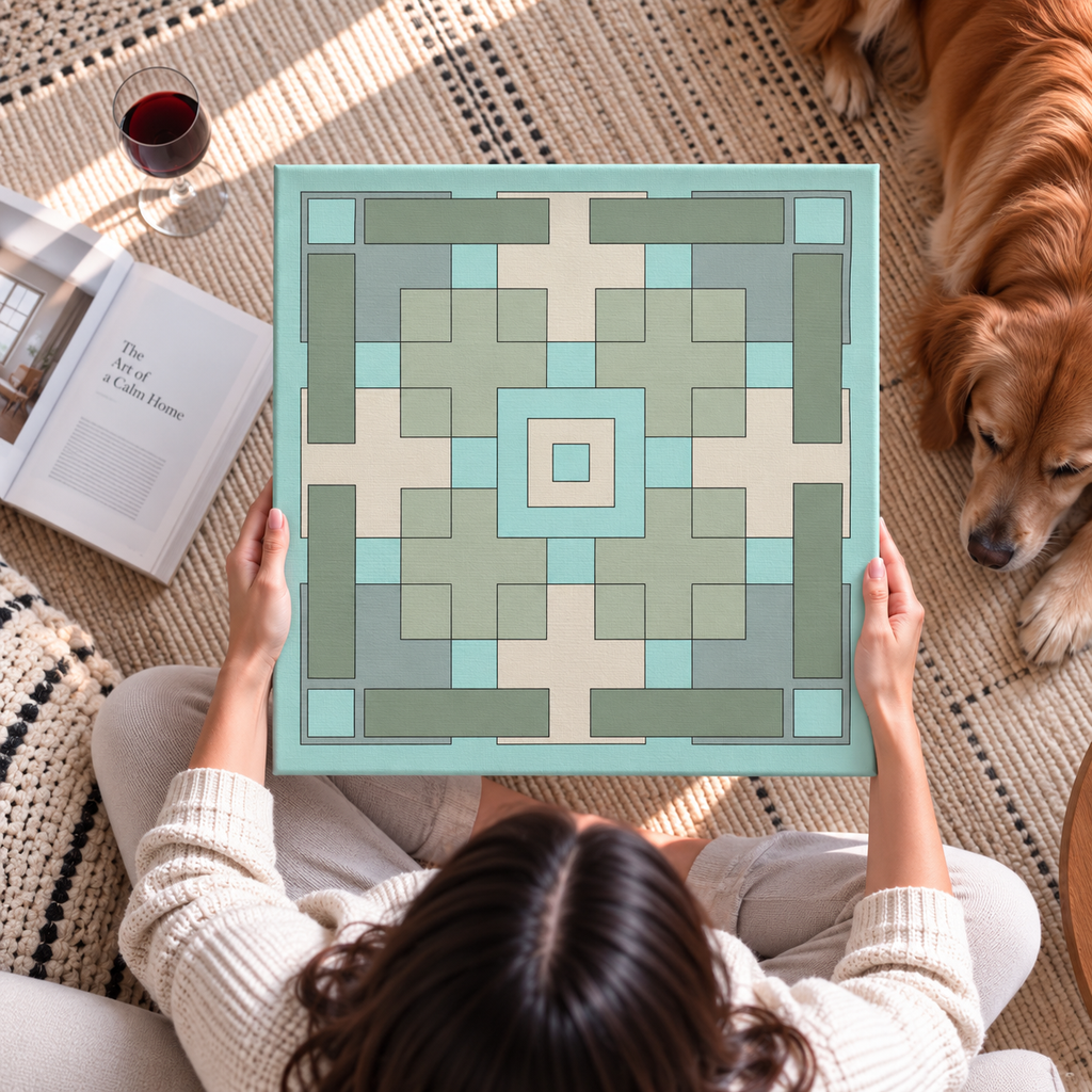 A person holds a square jigsaw puzzle featuring a geometric pattern in shades of mint green, sage, and cream. The scene is set in a cozy home environment with a golden retriever dog lying on a woven rug next to the person, with a glass of red wine and an open book nearby.