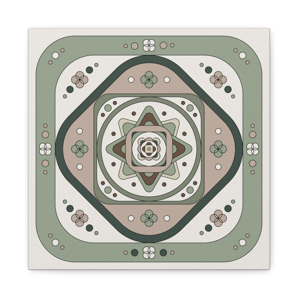 A square decorative art print featuring a symmetrical, geometric mandala design in muted sage green, beige, cream, and dark brown tones, centered on a white background.