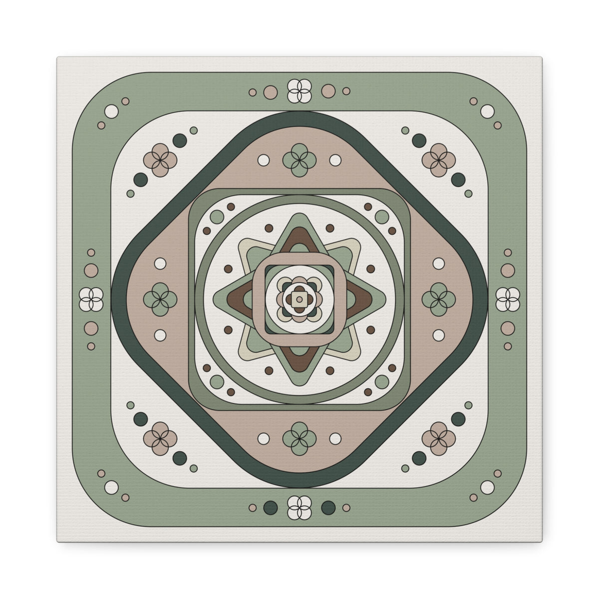 A square decorative art print featuring a symmetrical, geometric mandala design in muted sage green, beige, cream, and dark brown tones, centered on a white background.
