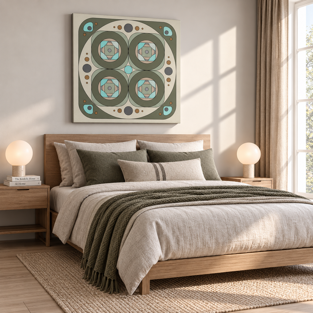 A styled bedroom scene with a wooden bed dressed in neutral beige and olive bedding, flanked by matching nightstands and lamps, beneath a large square abstract wall art piece in sage green, cream, and teal.