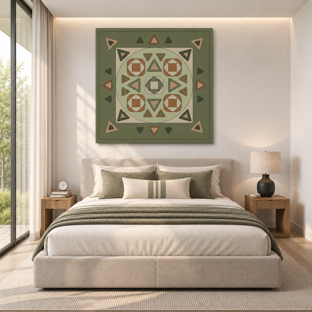 A styled bedroom interior with a bed dressed in white bedding and olive green pillows, beneath a large square wall art piece featuring a geometric medallion design in muted green, beige, and brown tones.