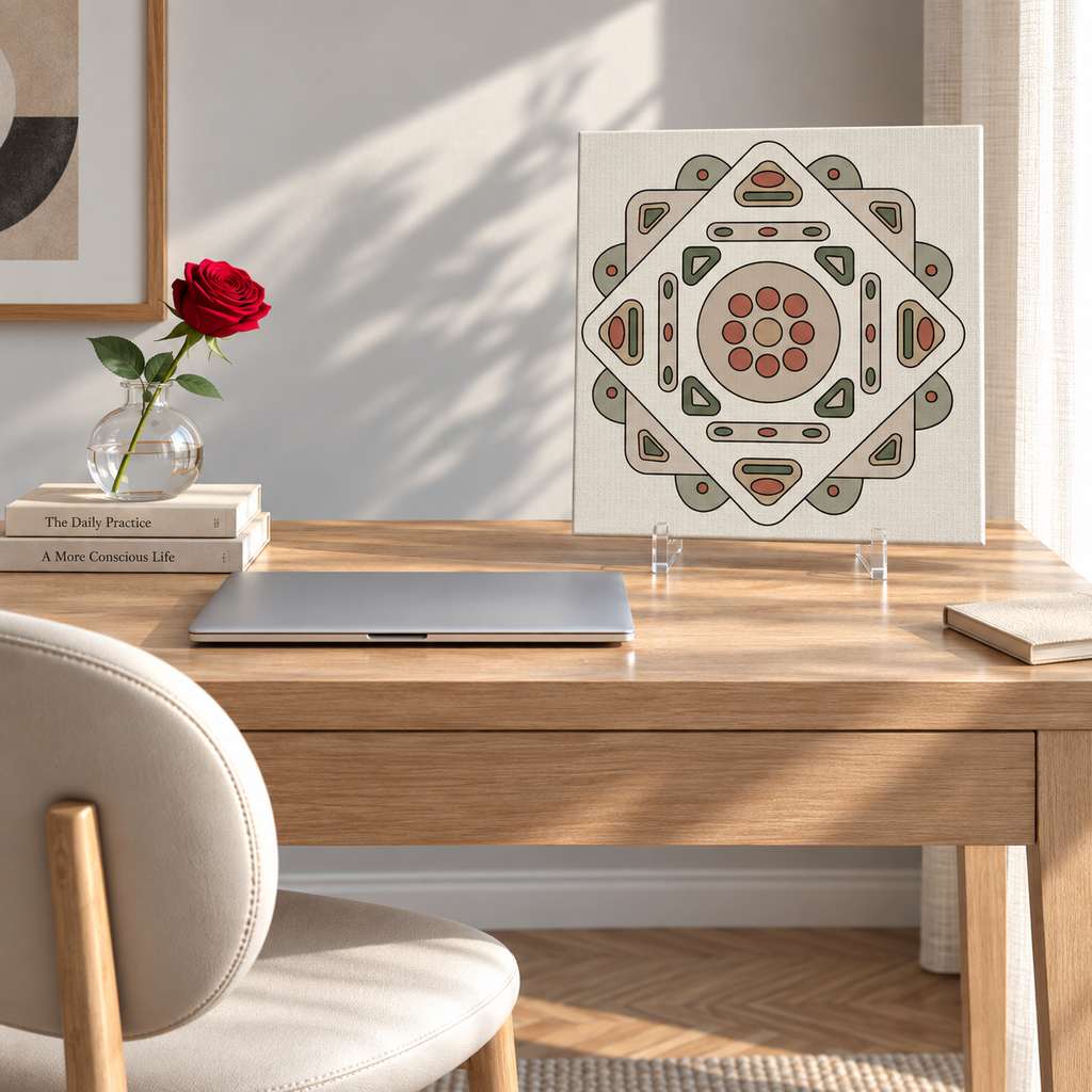 A square canvas art print featuring a geometric mandala design in beige, brown, and muted red, displayed on a wooden desk in a bright, modern room with a laptop, books, and a red rose.