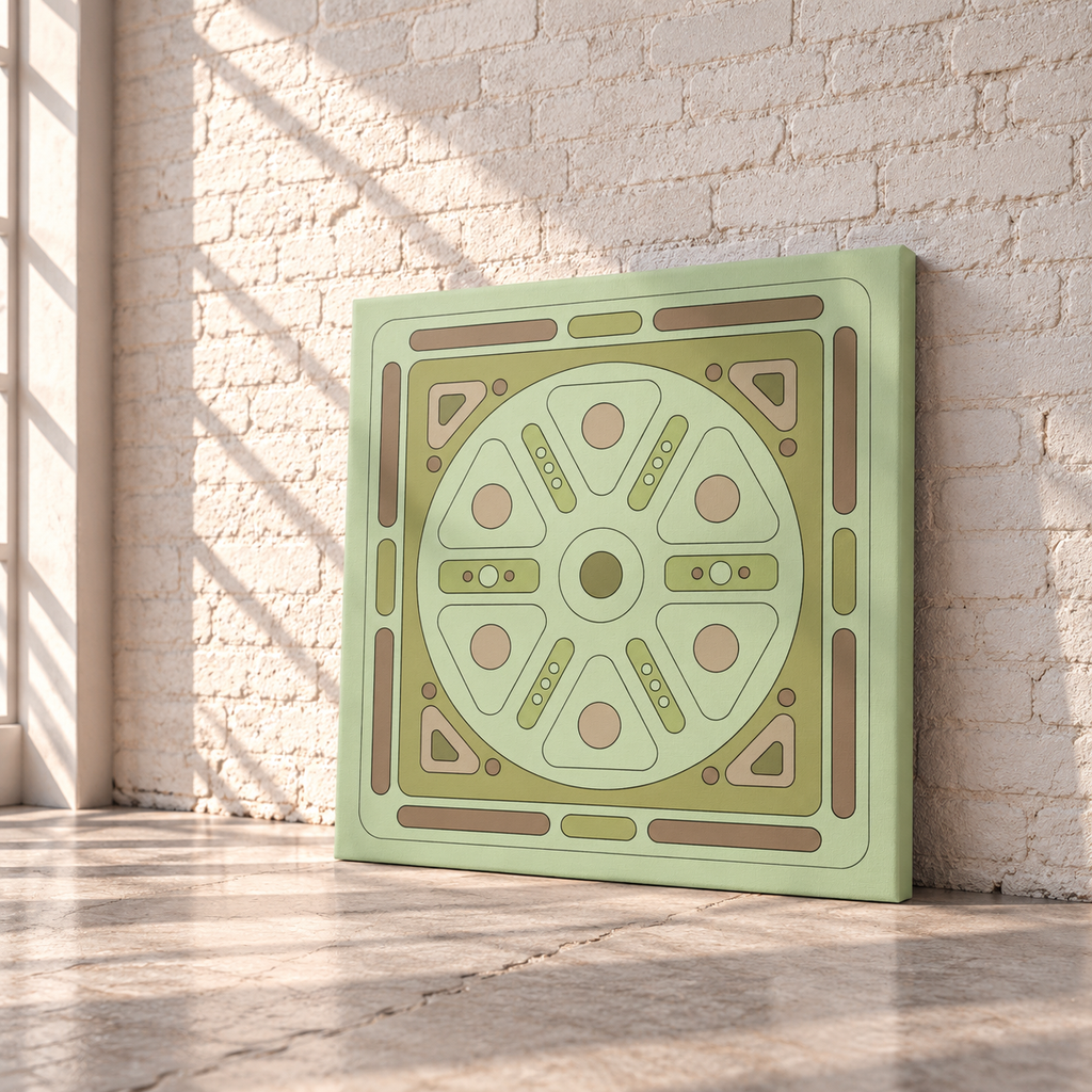 A square canvas wall art print featuring a retro geometric pattern in shades of sage green, olive, tan, and brown, leaning against a white brick wall on a concrete floor with soft window shadows.