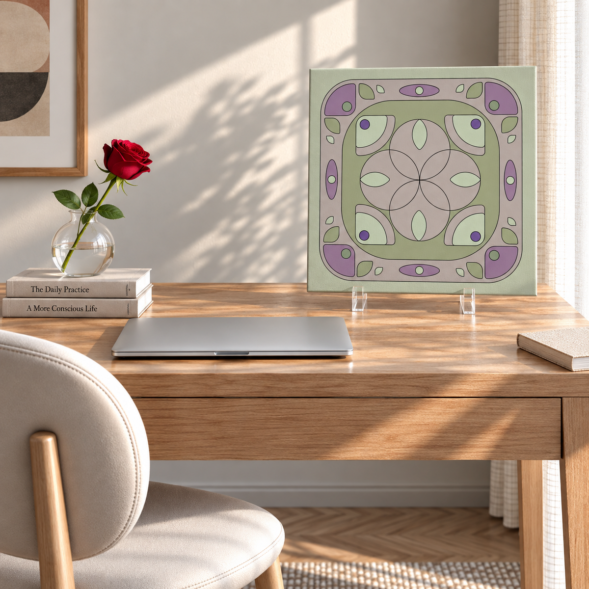 A square decorative art print with a retro geometric floral pattern in sage green, lavender, and cream, displayed on clear acrylic stands on a wooden desk in a styled home office setting.