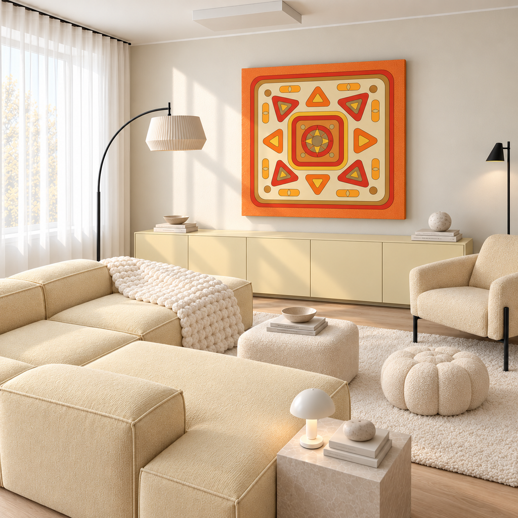 A modern living room with cream-colored furniture, a large orange and yellow geometric wall art piece hanging above a low cabinet, and warm natural light coming through sheer curtains.
