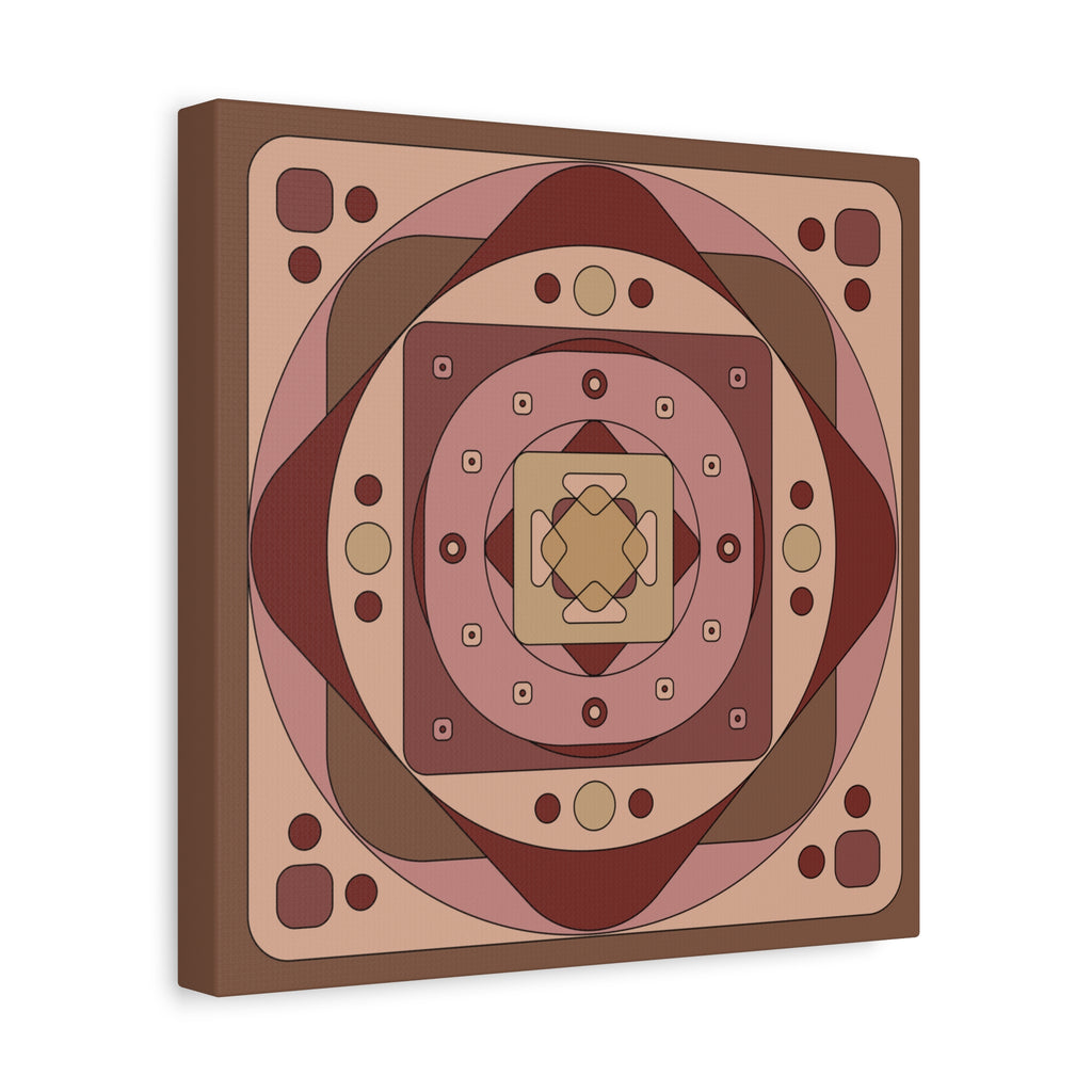 A square canvas wall art print featuring a symmetrical geometric mandala design in earthy tones of brown, terracotta, dusty rose, and beige, shown from a slight perspective angle against a white background.