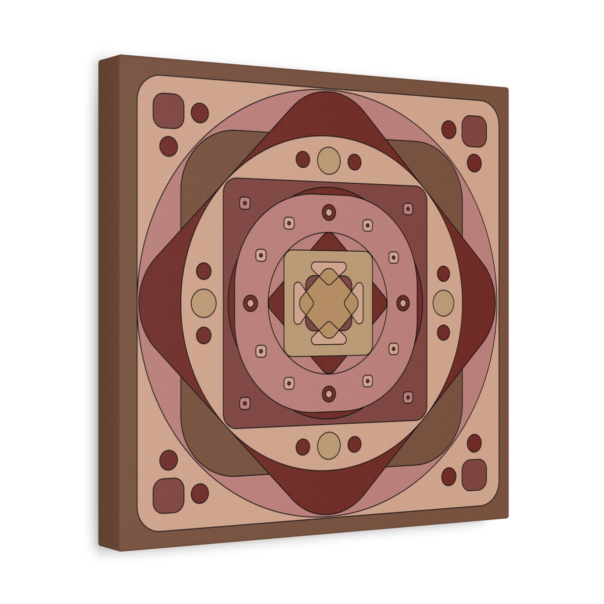 A square canvas wall art print featuring a symmetrical geometric mandala design in earthy tones of brown, terracotta, dusty rose, and beige, shown from a slight perspective angle against a white background.