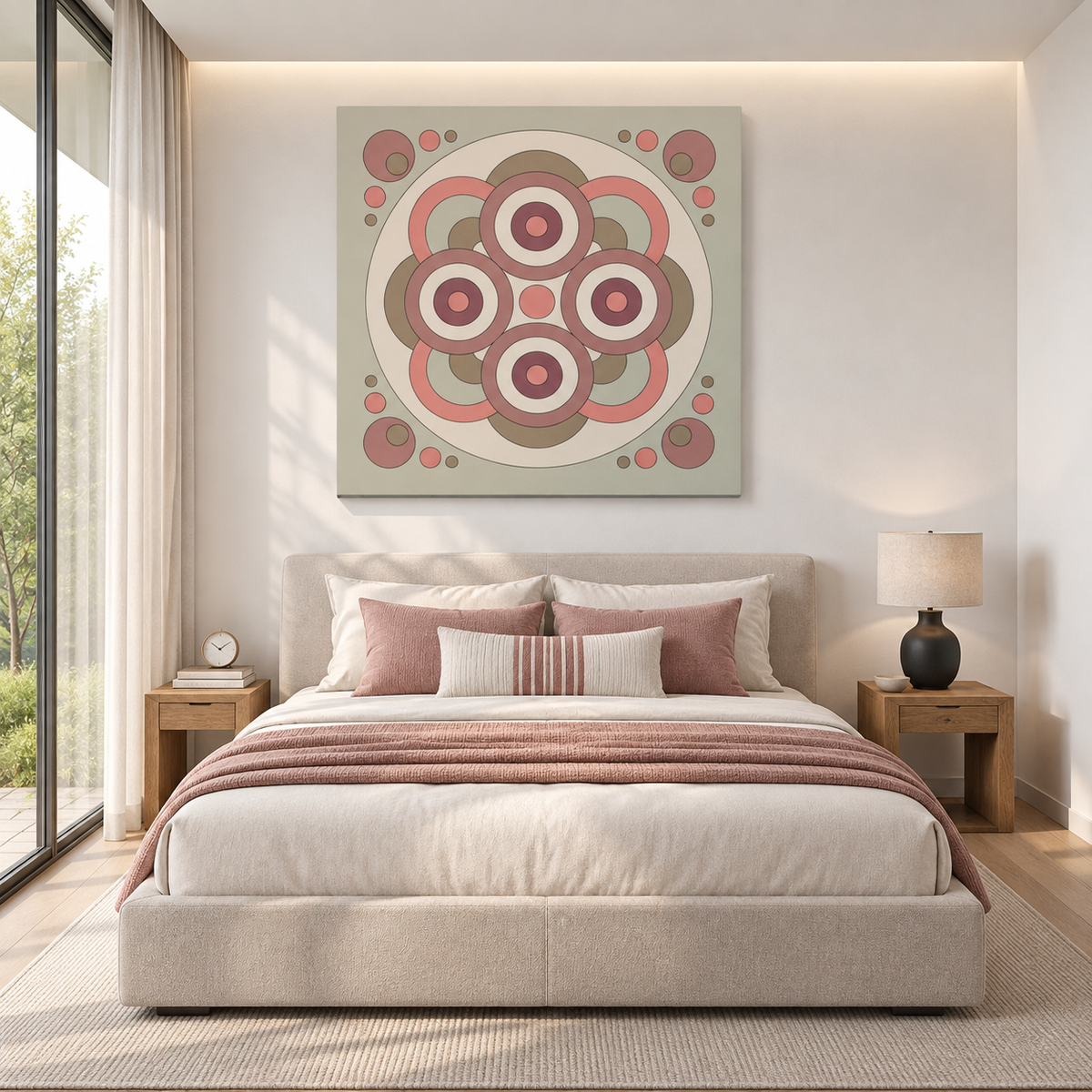 A square abstract wall art print with concentric floral circles in muted pink, taupe, and cream tones, displayed above a neatly made bed in a modern, softly lit bedroom.