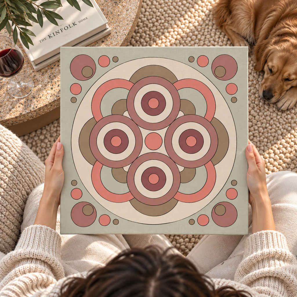 A person holds a square canvas print featuring a retro boho circular pattern in muted sage green, dusty pink, terracotta, and taupe. The scene is set in a cozy living room with a golden retriever dog sleeping on a beige pebble rug, a glass of red wine on a wooden table, and a book titled 'The Kintolk Village' nearby.