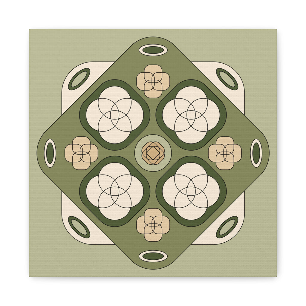 A square decorative art print featuring a symmetrical geometric and floral design in muted olive green, cream, and tan tones.