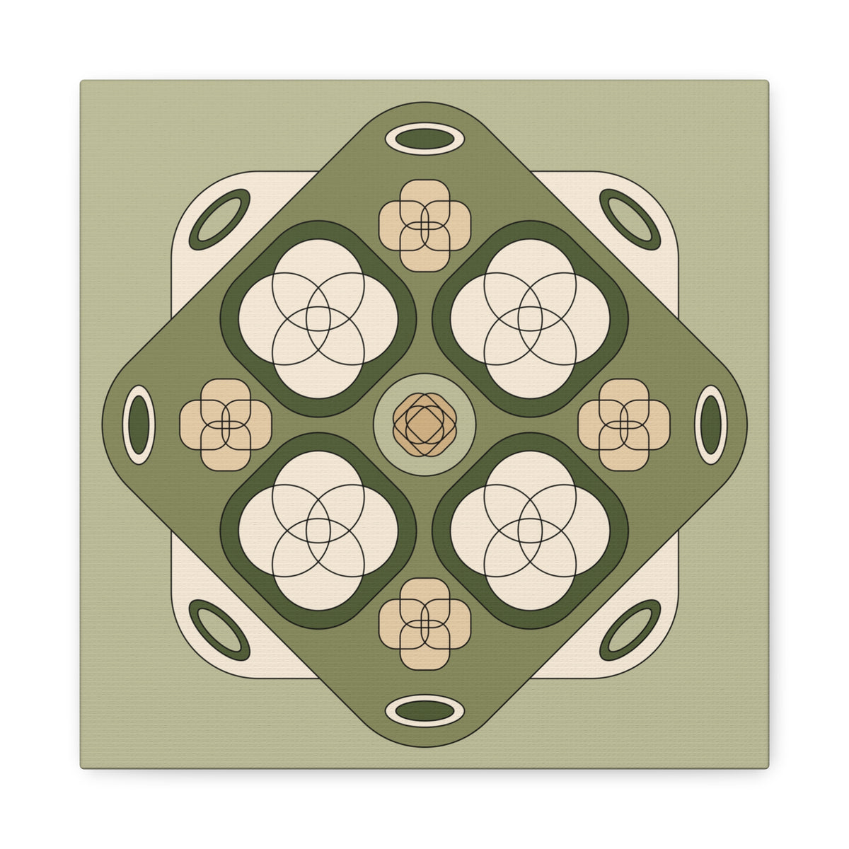 A square decorative art print featuring a symmetrical geometric and floral design in muted olive green, cream, and tan tones.