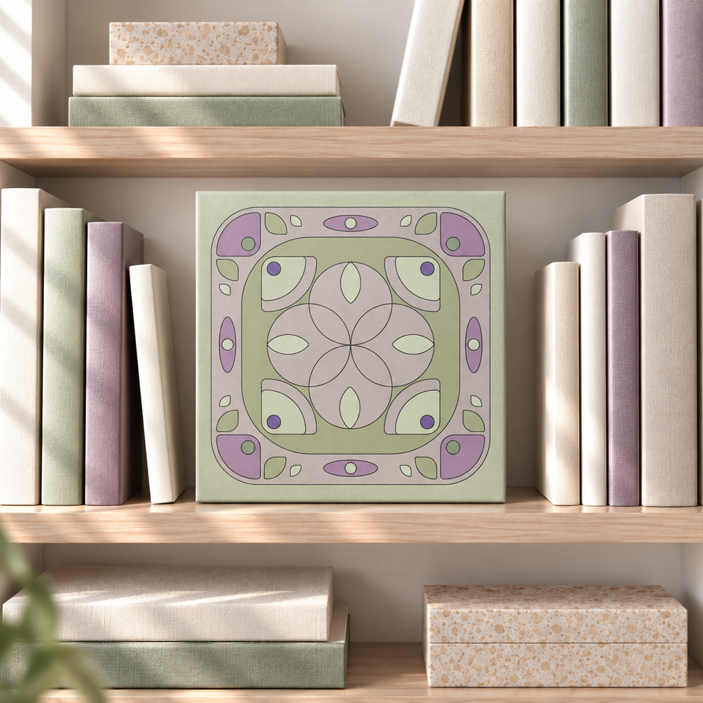 A square decorative art print with a retro 1970s-style floral pattern in sage green, lavender, and cream, displayed on a wooden bookshelf between books.