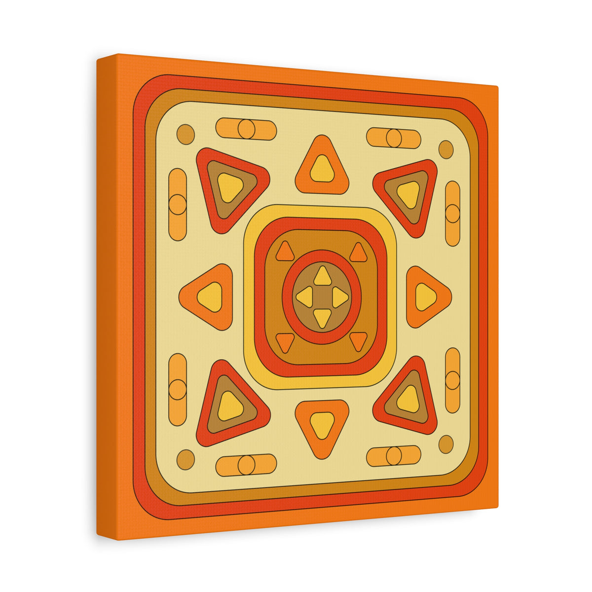 A square canvas wall art print featuring a retro 1970s-style geometric pattern in orange, yellow, and red on a cream background, shown at a three-quarter angle with a drop shadow on a white background.