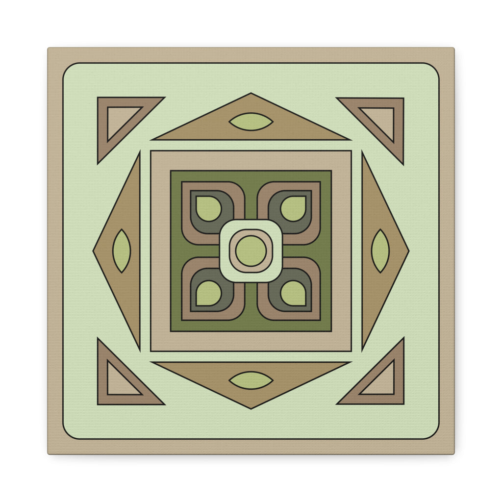 A square decorative tile or coaster featuring a retro geometric pattern in muted shades of sage green, olive green, tan, and brown.