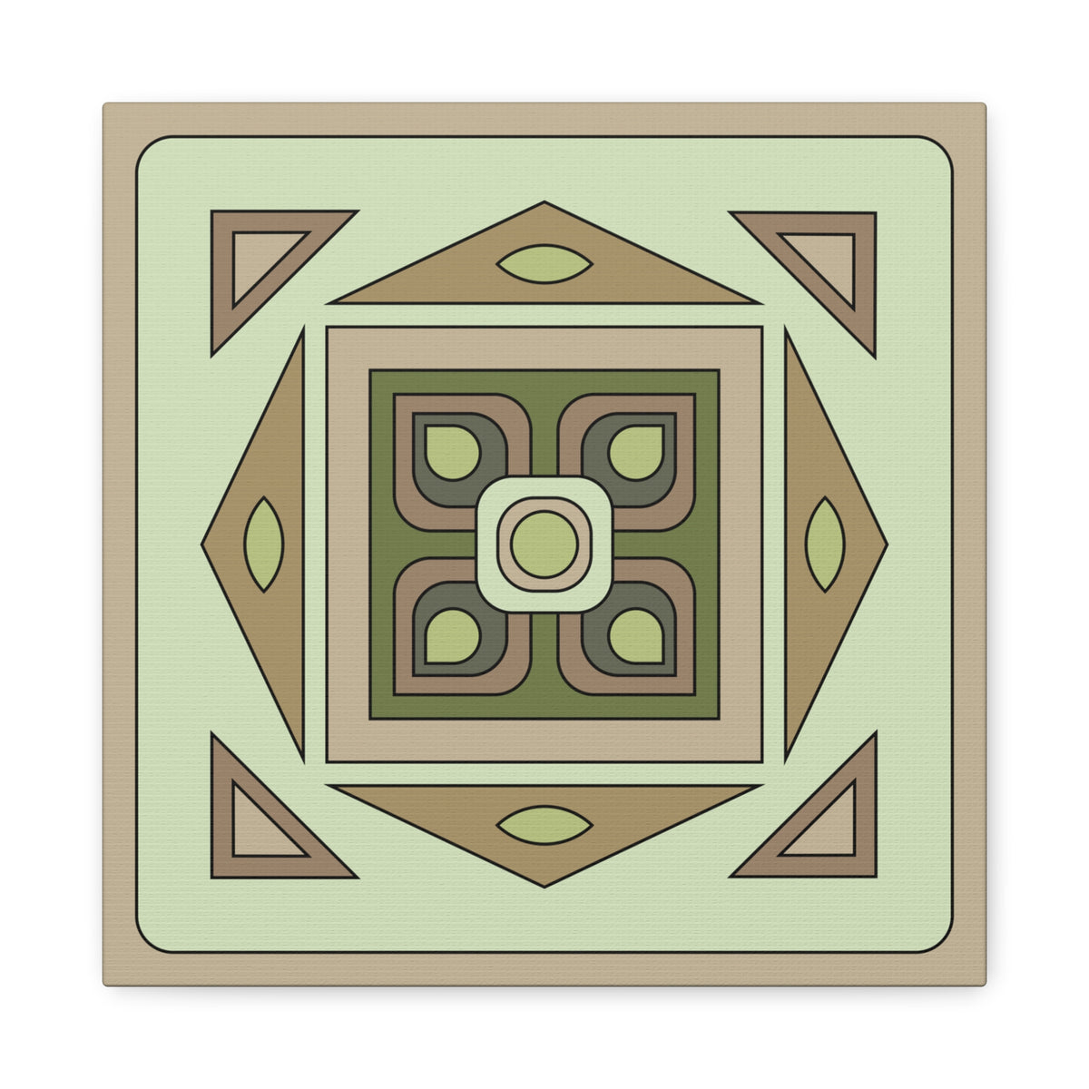 A square decorative tile or coaster featuring a retro geometric pattern in muted shades of sage green, olive green, tan, and brown.