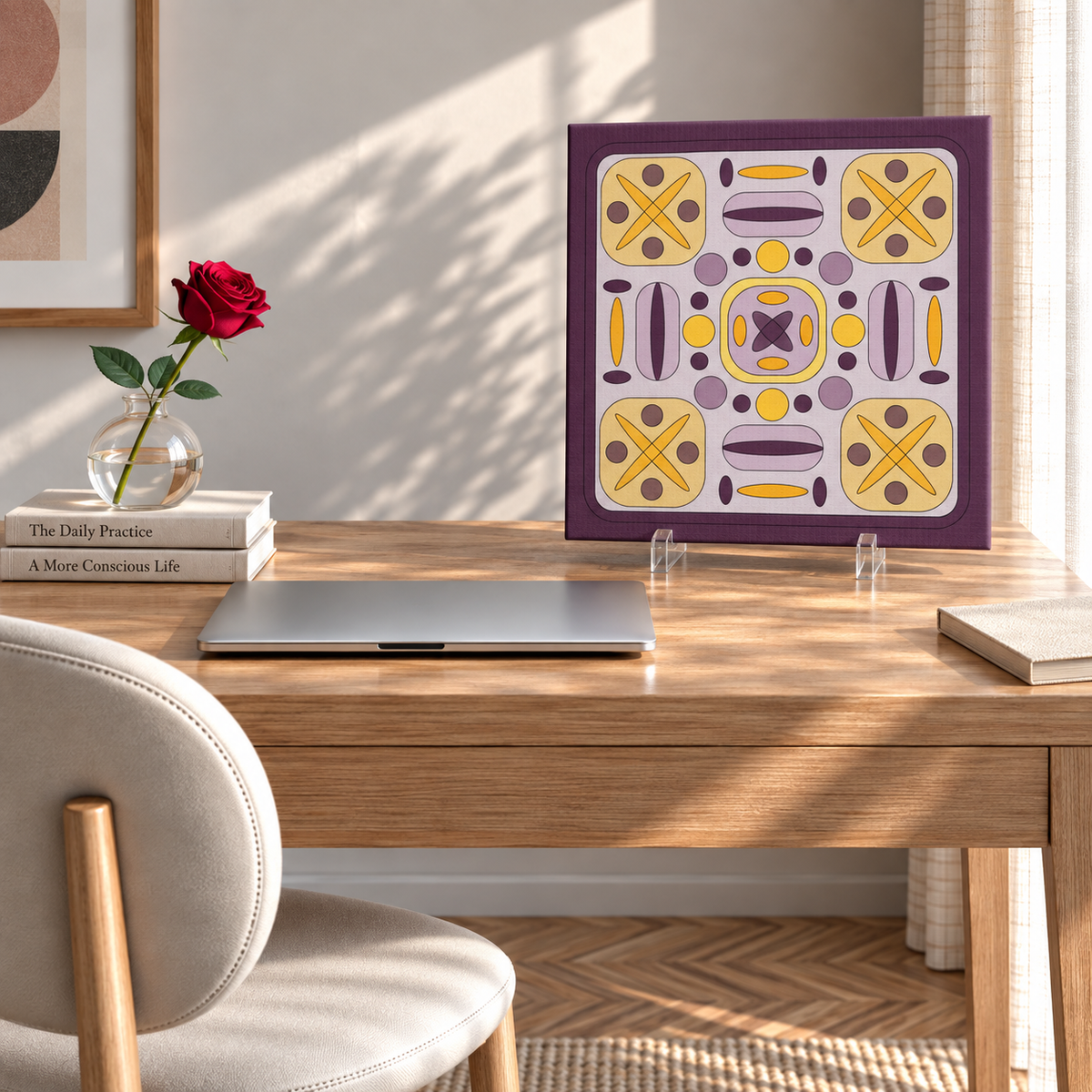 A square framed art print with a purple border and a retro geometric pattern in yellow, purple, and white, displayed on a wooden desk in a styled home office setting.