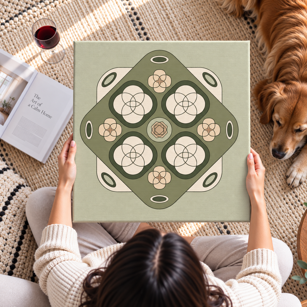 A person holds a square canvas print featuring a retro geometric floral design in sage green, cream, and tan. The scene is set in a cozy home environment with a dog on a rug, a glass of red wine, and an open book nearby.