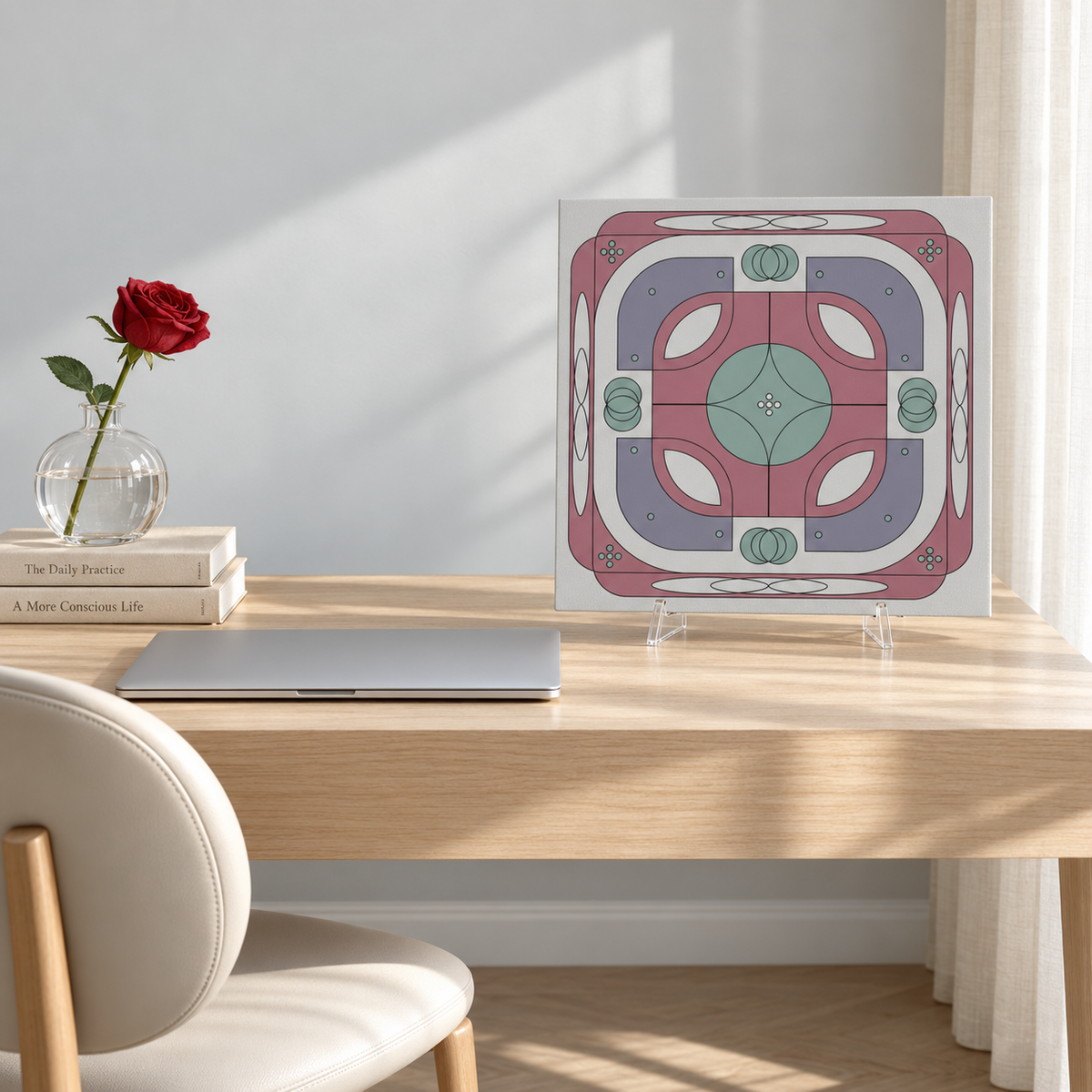 A square wall art print with a geometric, retro-inspired pattern in dusty pink, lavender, mint green, and white, displayed on a light wood desk in a bright, modern room next to a laptop and a vase with a red rose.