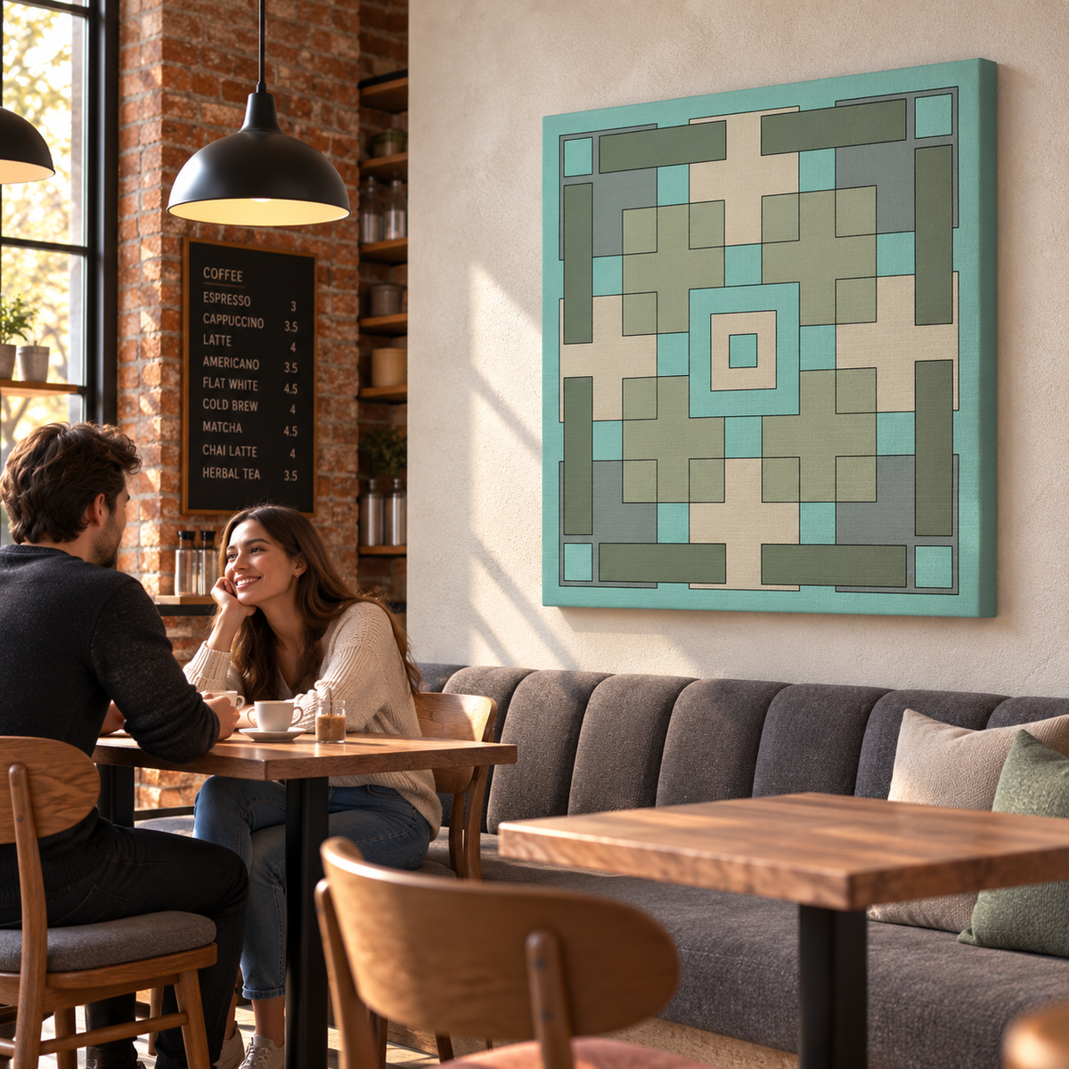 A square canvas wall art print featuring a geometric maze-like pattern in shades of teal, sage green, and cream, displayed on a light gray wall in a cozy, modern cafe setting with a couple seated at a wooden table below.