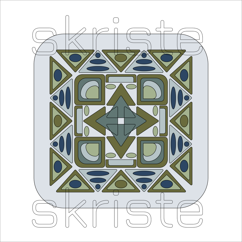 Geometric pattern with triangles and diamonds in green and blue on a white background, featuring the brand 'Skriste'.