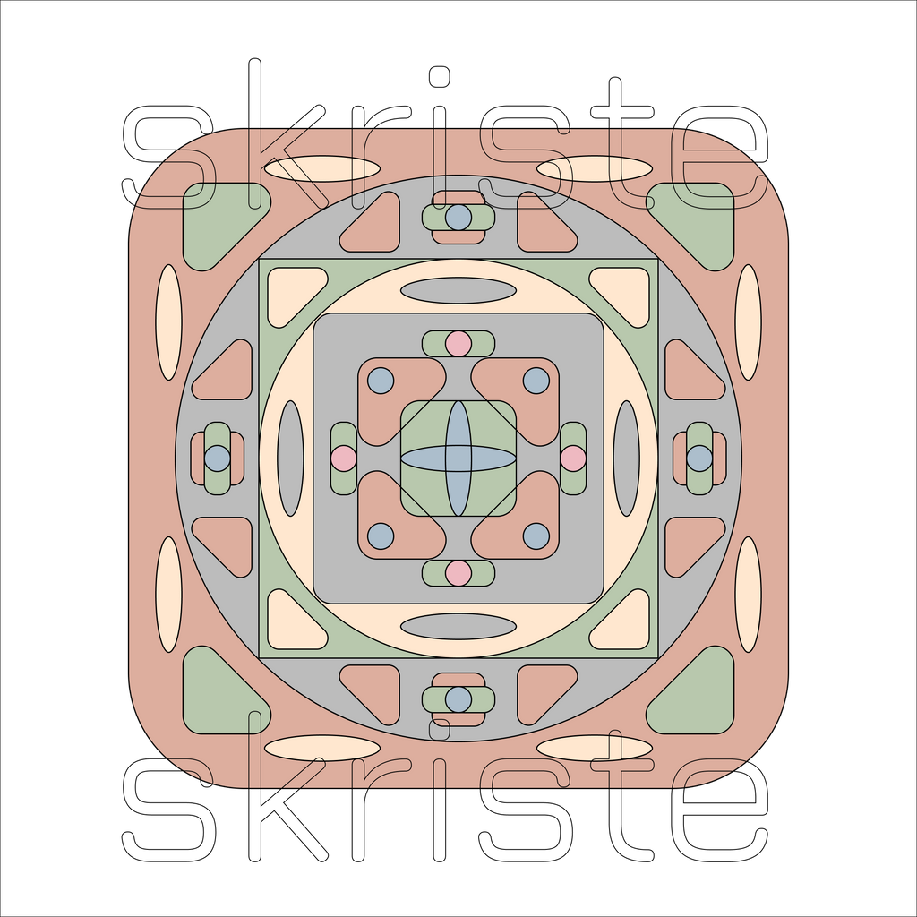 Geometric printable digital art file with layered squares, circles, and organic shapes in soft sage green, muted rose, and pale gray, transparent background