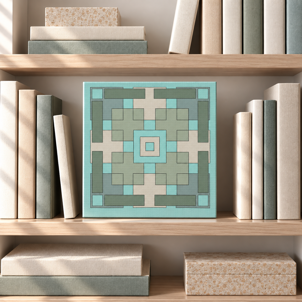 A square framed art print featuring a geometric kaleidoscope pattern in shades of teal, sage green, and cream, displayed on a wooden bookshelf between books and decorative boxes.