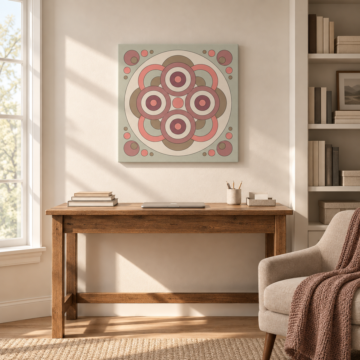 A square canvas wall art print with a retro mid-century modern geometric design in muted pink, terracotta, beige, and gray tones, hanging on a beige wall above a wooden desk in a styled home office setting.