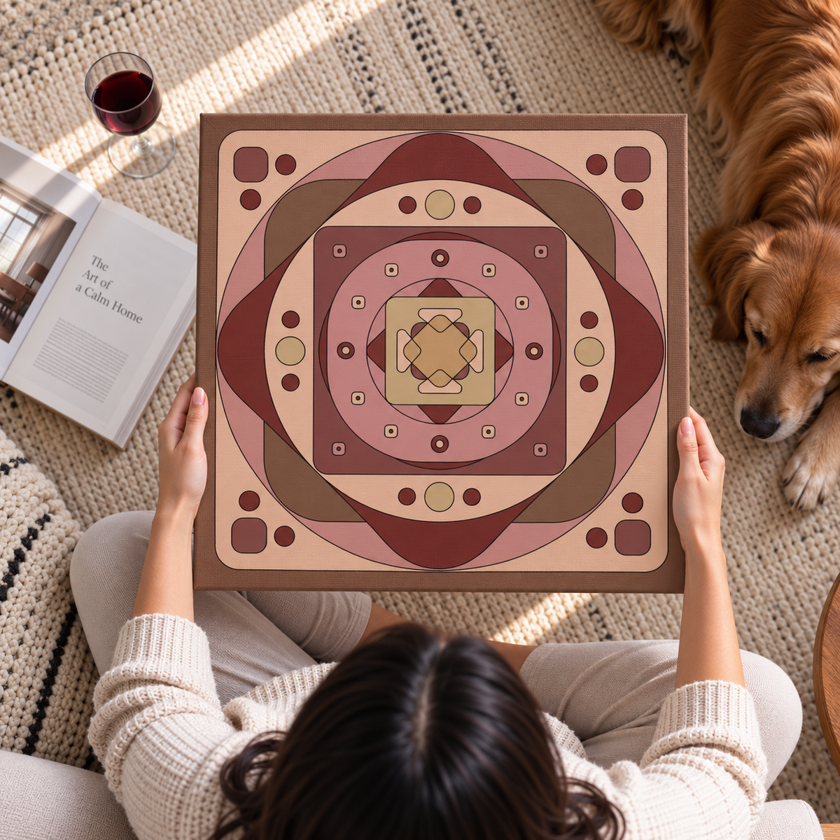 A person sits on a woven rug holding a square decorative art print featuring a retro geometric mandala design in shades of terracotta, dusty rose, beige, and brown. A golden retriever dog rests nearby on the rug, and an open book and a glass of red wine are visible in the scene.