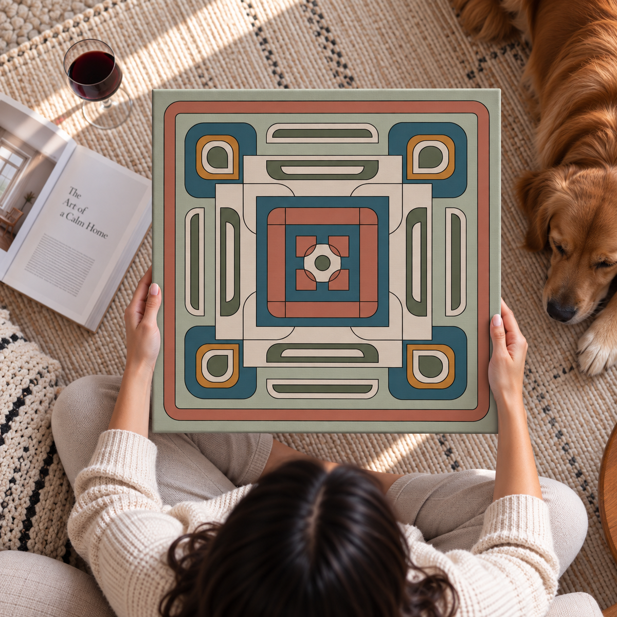 A person holds a square decorative tile or coaster featuring a retro 1970s geometric pattern in muted teal, terracotta, beige, and rust tones. The scene is styled in a cozy home environment with a golden retriever dog sleeping nearby, an open book, and a glass of red wine on a woven rug.