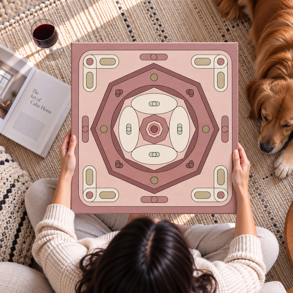 A person holds a square decorative tile or coaster with a pink and beige geometric pattern, photographed from above on a woven rug with a dog nearby and an open book and glass of red wine in the background.
