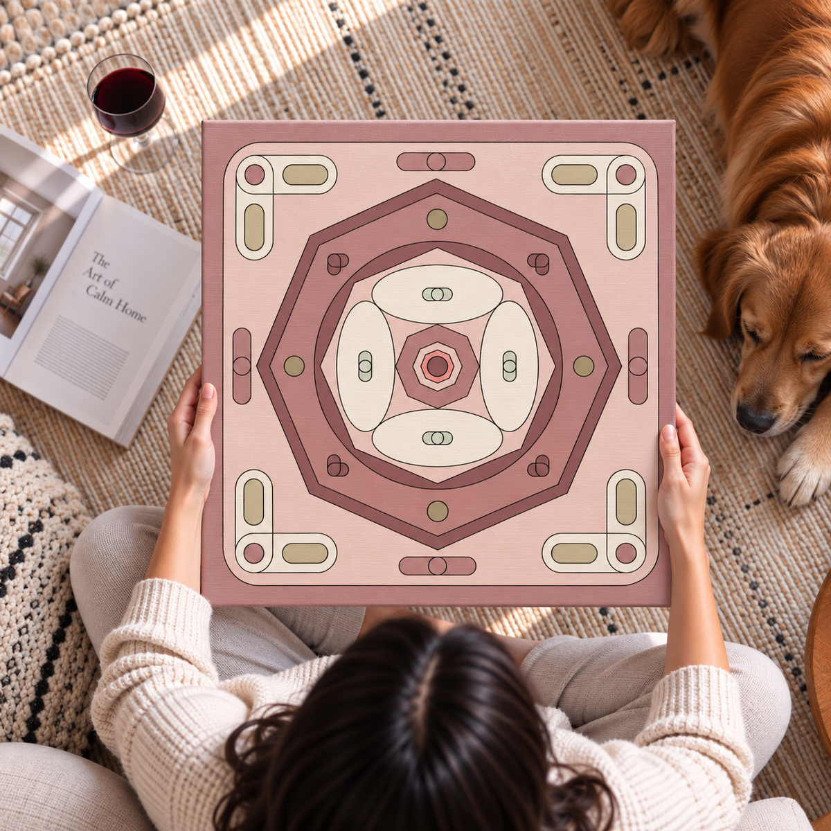 A person holds a square decorative tile or coaster with a pink and beige geometric pattern, photographed from above on a woven rug with a dog nearby and an open book and glass of red wine in the background.