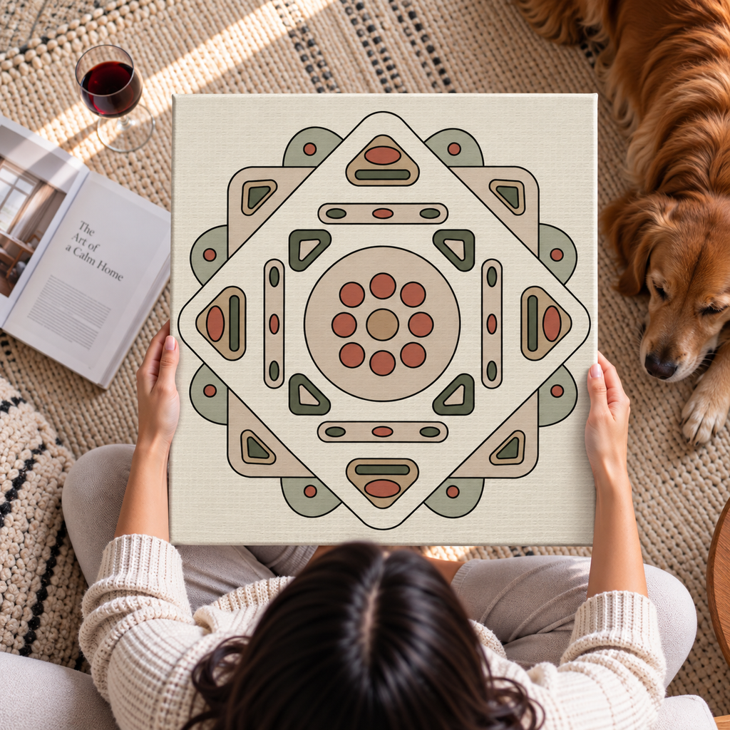 A person holds a square canvas print featuring a retro geometric mandala design in beige, sage green, and terracotta red. The scene is set in a cozy home environment with a golden retriever dog lying on a woven rug next to the person, who is also holding an open book and next to a glass of red wine.