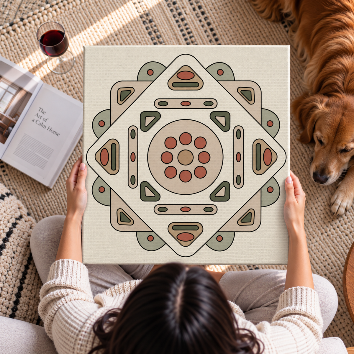 A person holds a square canvas print featuring a retro geometric mandala design in beige, sage green, and terracotta red. The scene is set in a cozy home environment with a golden retriever dog lying on a woven rug next to the person, who is also holding an open book and next to a glass of red wine.