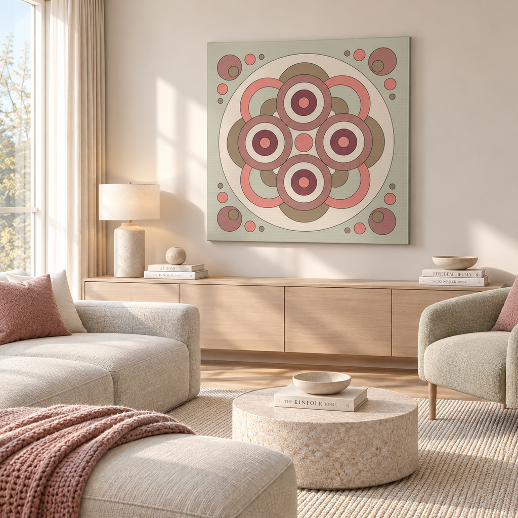 A square canvas wall art print featuring a retro 1960s-style circular mandala design in muted sage green, dusty pink, terracotta, and taupe, displayed in a modern, sunlit living room above a light wood console.