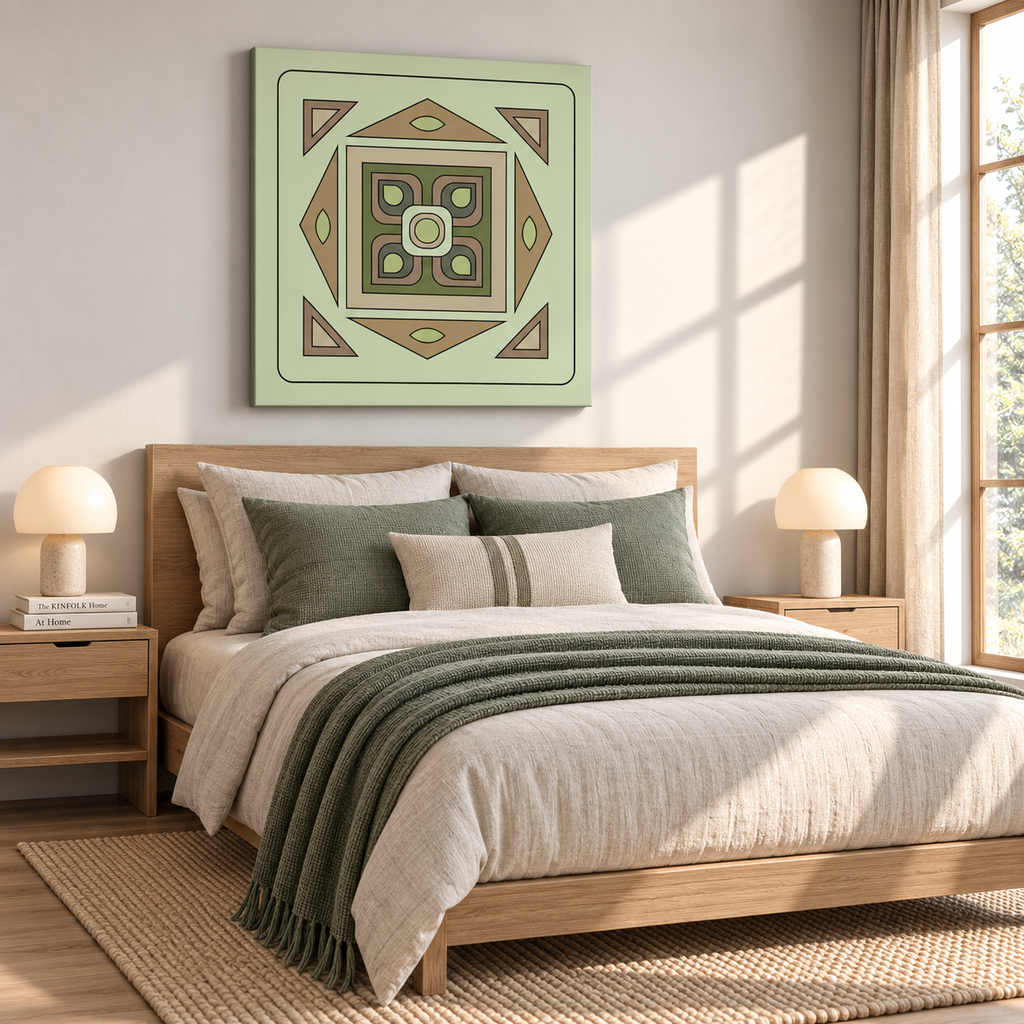 A styled bedroom scene with a wooden bed dressed in beige bedding and a green throw blanket, beneath a large square wall art piece featuring a geometric sage green, olive, and tan pattern.