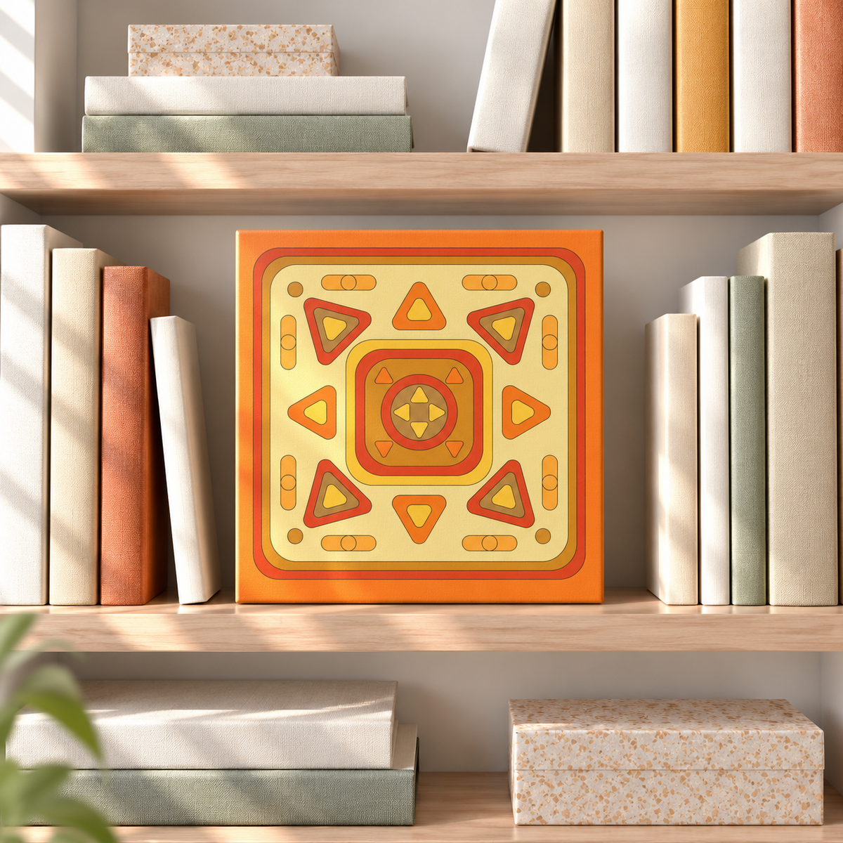 A square canvas art print featuring a retro 1970s-style geometric pattern in orange, yellow, and red, displayed on a wooden bookshelf between books.
