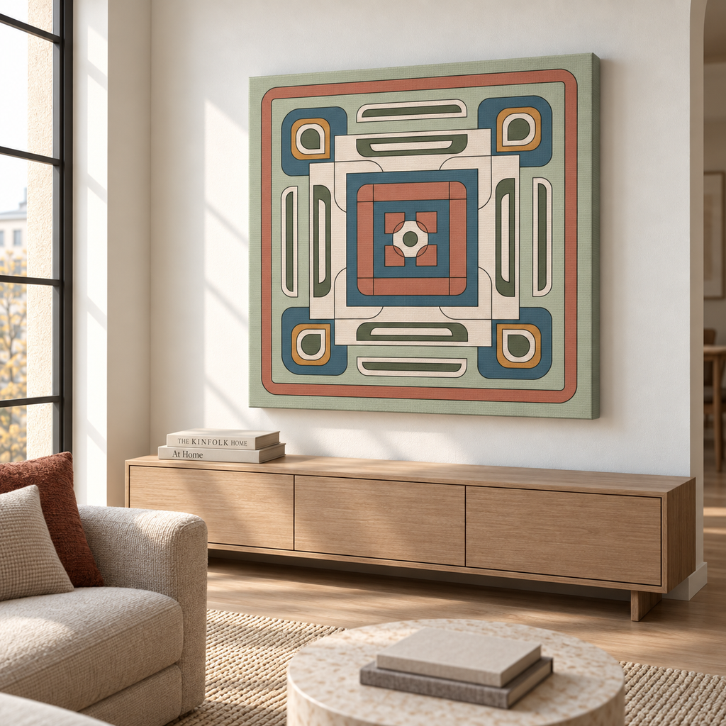 A square wall art print with a retro geometric pattern in muted teal, terracotta, cream, and olive tones, displayed in a modern living room setting above a light wood console table.