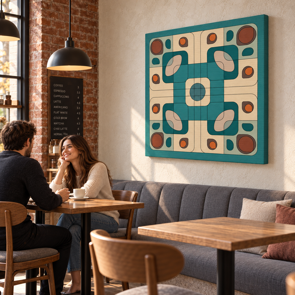 A large square canvas wall art print with a mid-century modern geometric pattern in teal, cream, and rust orange, hanging on a beige wall in a cozy, sunlit cafe with a couple seated at a table below.
