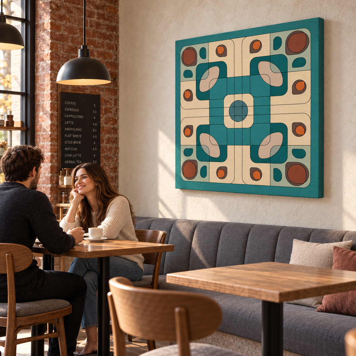 A large square canvas wall art print with a mid-century modern geometric pattern in teal, cream, and rust orange, hanging on a beige wall in a cozy, sunlit cafe with a couple seated at a table below.